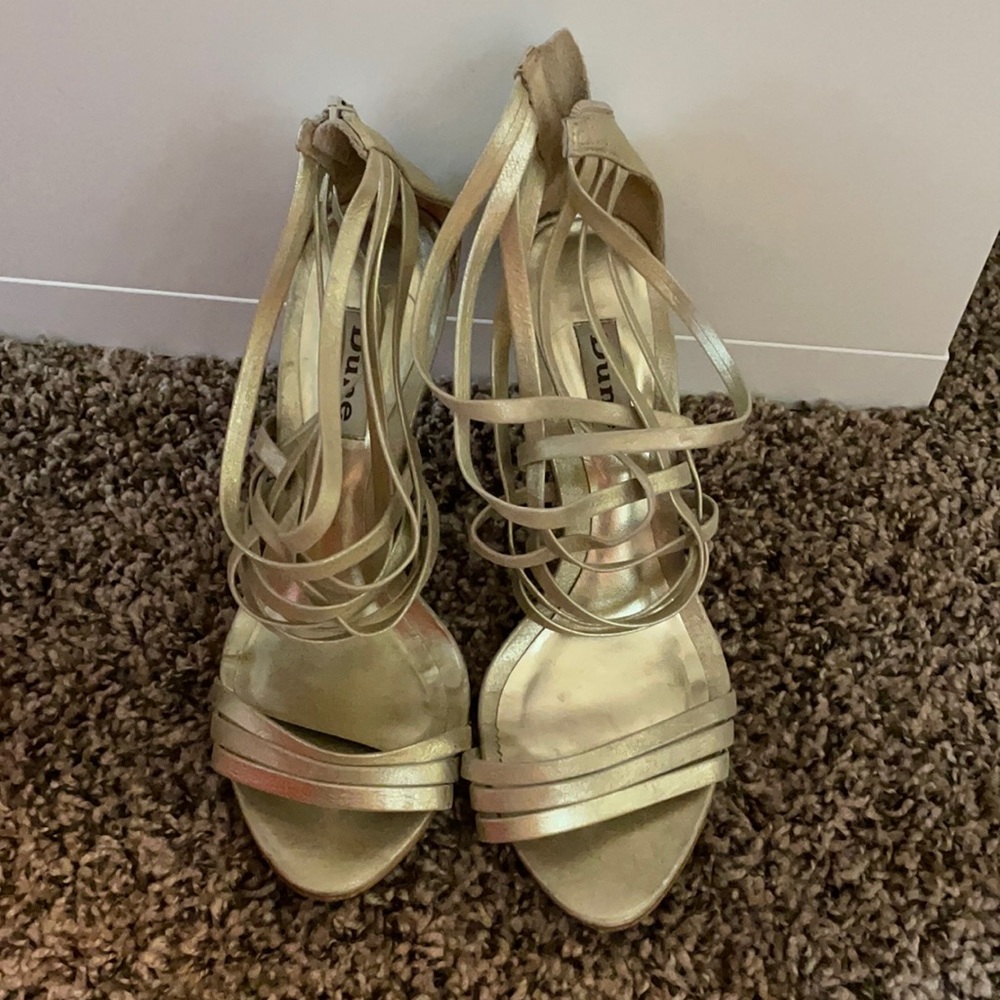 Dune London gold leather basket weave heels